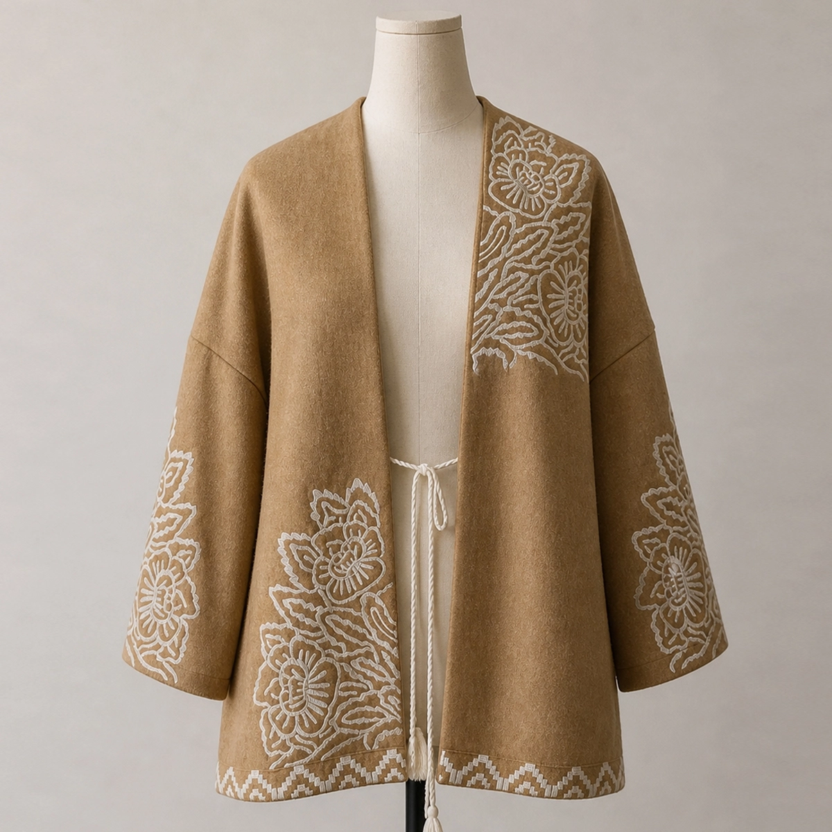Nakış Detaylı Bağcıklı Oversize Kimono Ceket