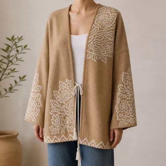 Nakış Detaylı Bağcıklı Oversize Kimono Ceket
