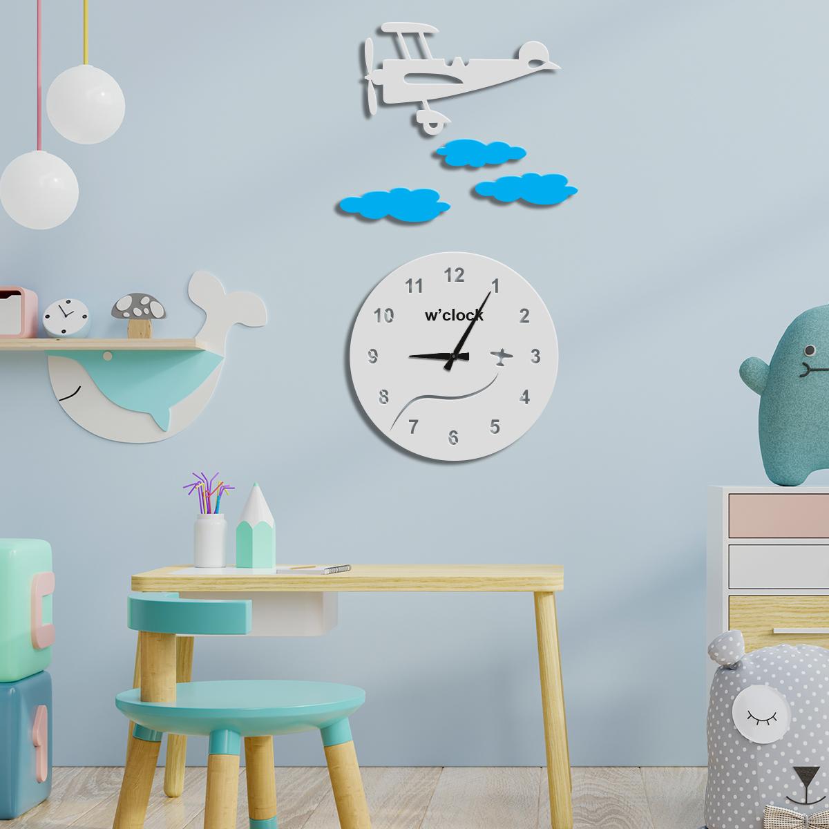 W’clock Dekoratif Duvar Saati - Uçak ve Bulutlar