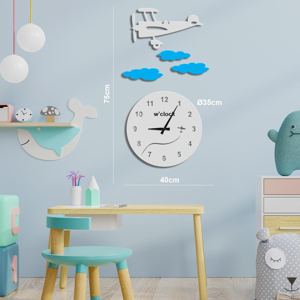 W’clock Dekoratif Duvar Saati - Uçak ve Bulutlar