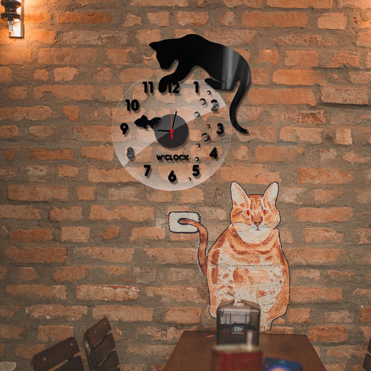 W’clock Dekoratif Duvar Saati - Balık ve Kedi